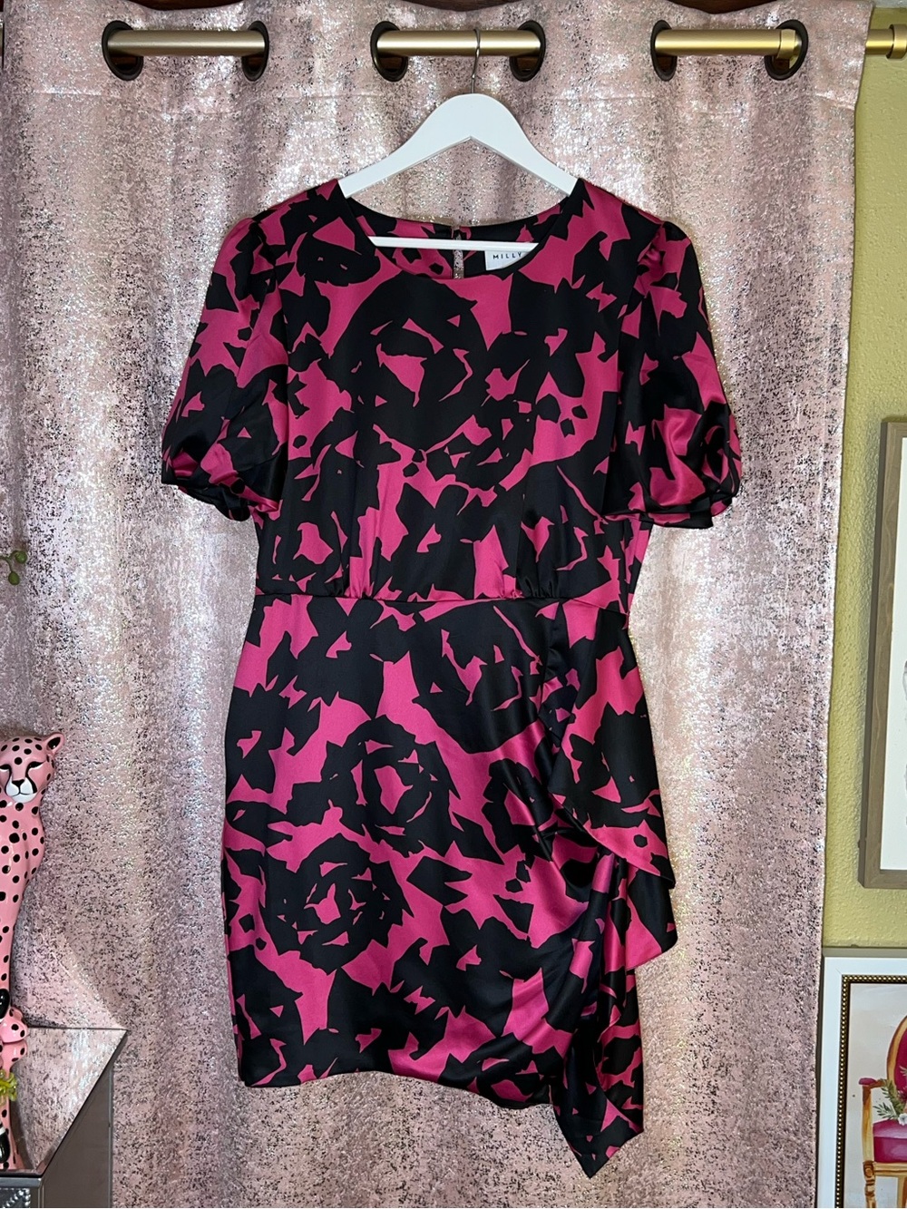 NWOT Milly Abstract Silky Pink & Black Rose Print Dress